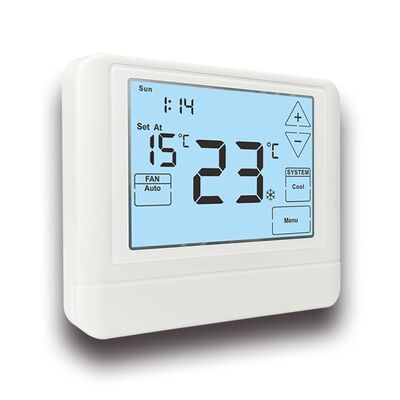24V Conventional Electronic Room Touch Screen Programamble Thermostat Physical Dimensions 120mm W 98mm H 27mm D and Temperature Ranges 32°F to 99°F 0°C to 40°C Energy Management