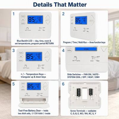 Miuputake STN625 Heat Pump Thermostat 7 Day Programmable and 2 Heat 1 Cool