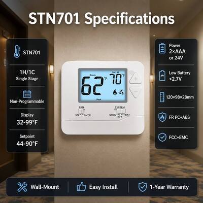 24v Wired White Non Programmable 1 Heat 1 Cool Non-Programmable Hotel Home Thermostat For Hvac Operations Temperature Control In Commercial Buildings