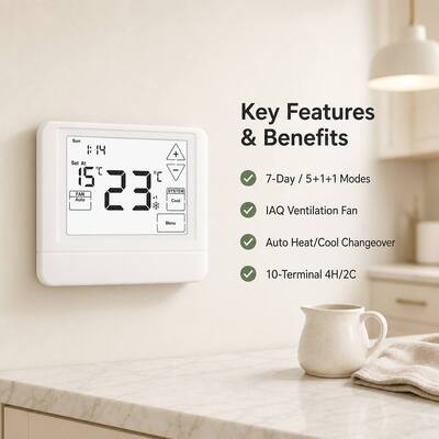 STN855 24V LCD Touch Screen 7 Day Heat Pump Programmable 2 Heat Cool Thermostat EM HEAT