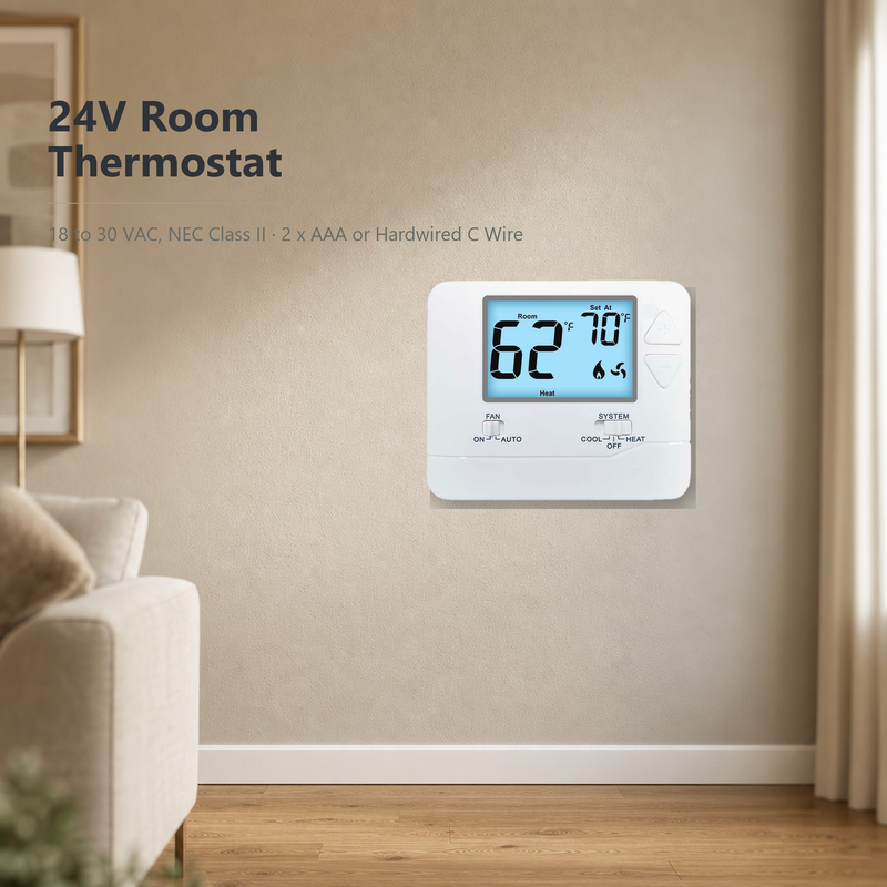 24V or Batteries Operated Physical Dimensions 4.72 W X 3.85 H X 1.06 D LCD Non Programmable Thermostat for Conventional Heating Cooling Systems 1H 1C Stages