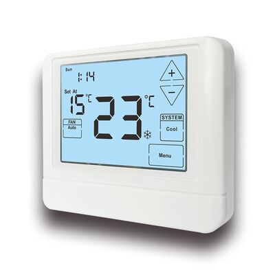 24V Konwencjonalny ekran dotykowy w elektronicznym pomieszczeniu Programamble Termostat Fizyczne wymiary 120mm W 98mm H 27mm D i zakres temperatury 32°F do 99°F 0°C do 40°C Zarządzanie energią