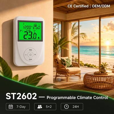 130 X 86 X 28 mm Podgrzewnica 7 Dni Termostat programowalny dla systemów ogrzewania podłogowego Wyświetlacz zakres temperatury 0°C 40°C w przyrostu 0,1°C