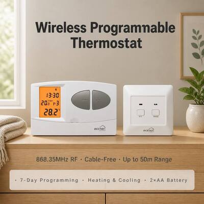 Tryb pracy systemu OFF Bezprzewodowy kocioł RF Programowalny termostat 130 X 80 X 35 mm Kompaktowy rozmiar Idealny do komercyjnych rozwiązań sterowania HVAC