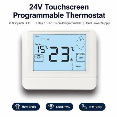 Cyfrowy termostat programowalny klimatyzator, elektroniczny pokój 24V LCD z akumulatorem, termostat oferujący światło w tle, kolor biały, niebieski, zielony i temperaturę w zakresie od 44°F do 90°F, 7°C do 32°C dla rozwiązań klimatycznych