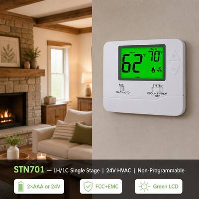Cyfrowy termostat domowy 24V HVAC, nieprogramowalny, do ogrzewania i chłodzenia. Oznaczenia zacisków C. Nadaje się do konwencjonalnych systemów grzewczo-chłodniczych.