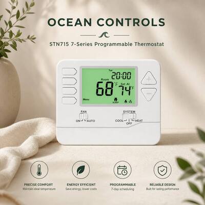 24V or Batteries Operated Programming 7 Day Programmable Mutil Stage Thermostat Equipped with Large LCD Display Mounts On Wall Or Junction Box Enhances Energy Efficiency