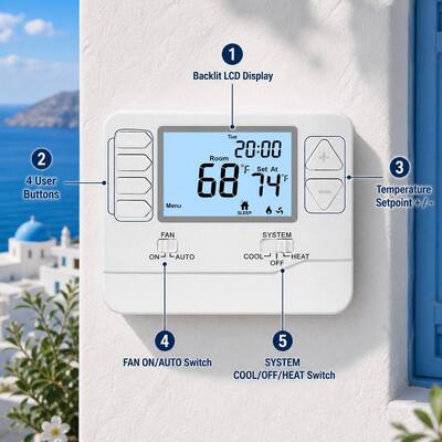 24V Duży wyświetlacz LCD Regulator temperatury HVAC Termostat przewodowy 7-dniowy 2 grzania 2 chłodzenia Zasilanie bateryjne