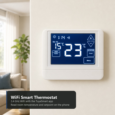 Termostat Inteligentny z Ekranem Dotykowym Wi-Fi TUYA 24V LCD Podświetlany 2 GRZEWANIE 2 CHŁODZENIE 4H 2C Pompa Ciepła Z Funkcją Dodatkowego lub Awaryjnego Ogrzewania lub Bez
